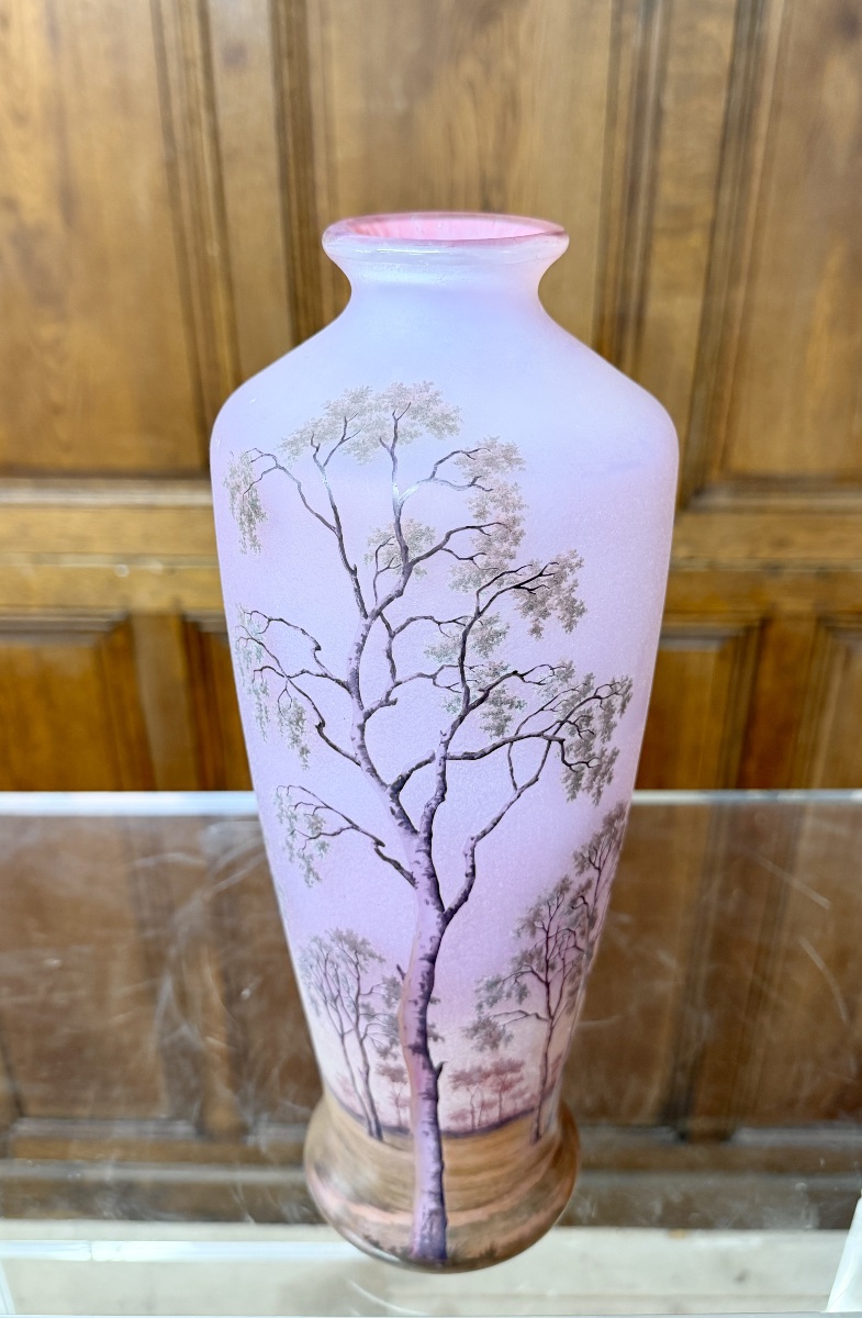 Daum Nancy - Superbe vase à décor de paysage rose dit "Sologne" , époque Art Nouveau -photo-3