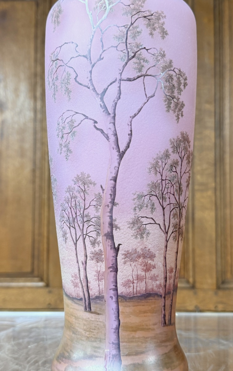 Daum Nancy - Superbe vase à décor de paysage rose dit "Sologne" , époque Art Nouveau -photo-1