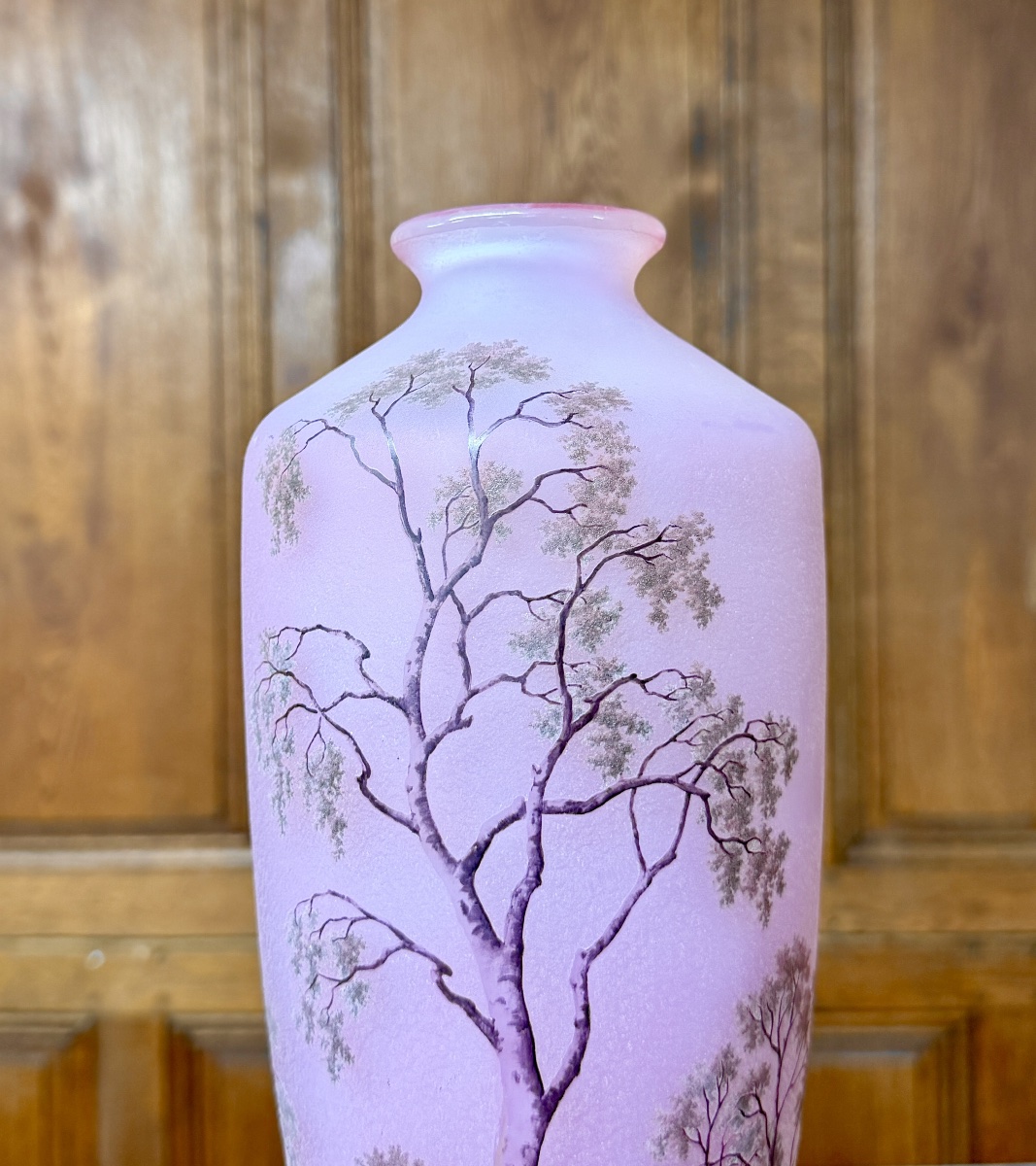 Daum Nancy - Superbe vase à décor de paysage rose dit "Sologne" , époque Art Nouveau -photo-2