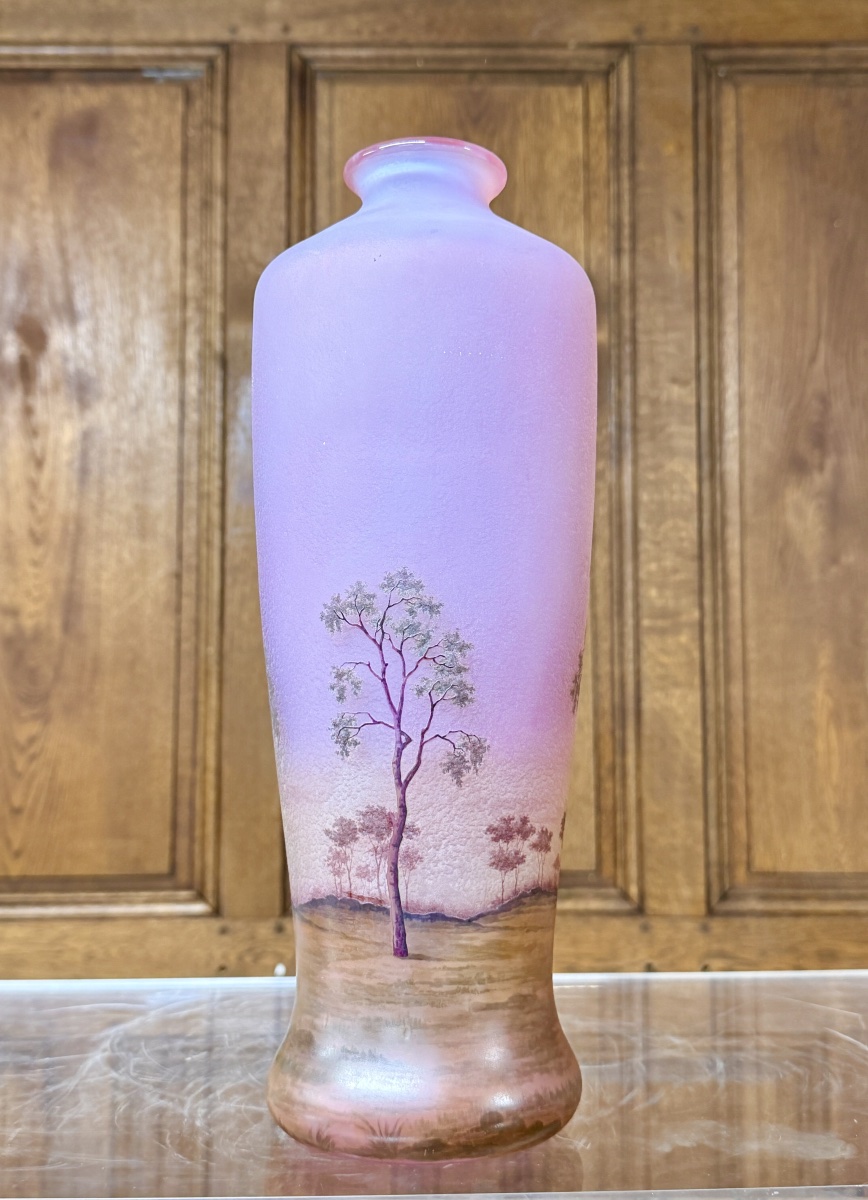 Daum Nancy - Superbe vase à décor de paysage rose dit "Sologne" , époque Art Nouveau -photo-3