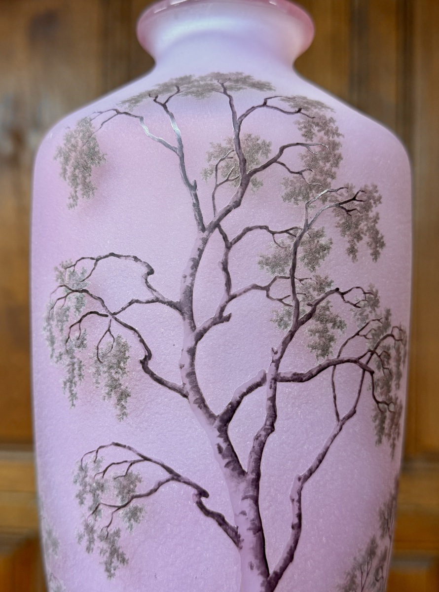 Daum Nancy - Superbe vase à décor de paysage rose dit "Sologne" , époque Art Nouveau -photo-4