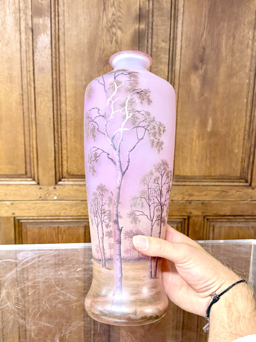 Daum Nancy - Superbe vase à décor de paysage rose dit "Sologne" , époque Art Nouveau -photo-7