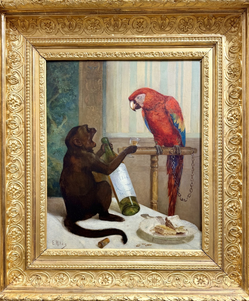 E. Baily HILDA - le singe et le perroquet. Huile sur panneau du XIXème siècle -photo-2