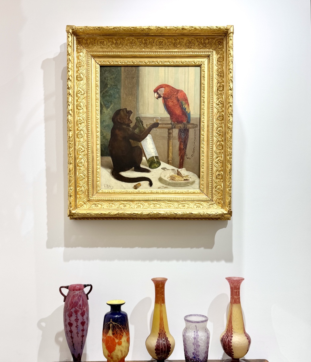 E. Baily HILDA - le singe et le perroquet. Huile sur panneau du XIXème siècle -photo-2