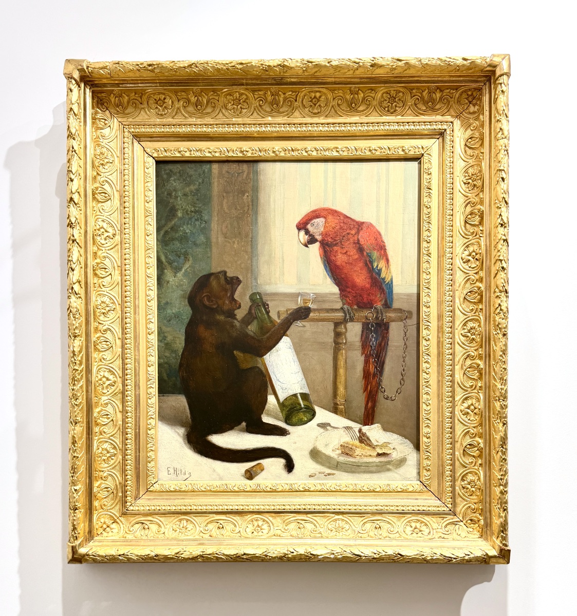E. Baily HILDA - le singe et le perroquet. Huile sur panneau du XIXème siècle 