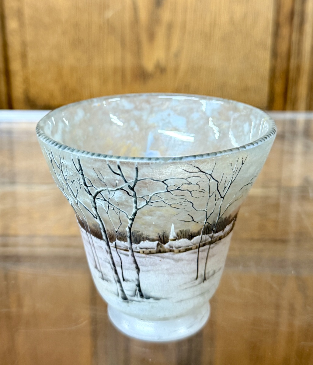DAUM NANCY - VASE à col évasé À DÉCOR DE PAYSAGE DE VILLAGE ENNEIGÉ. ÉPOQUE ART NOUVEAU-photo-4