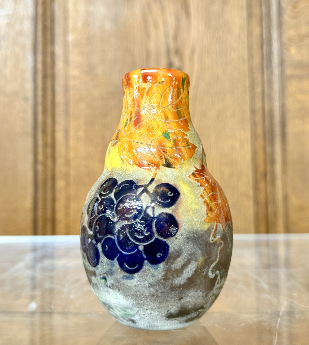 Daum Nancy—small Vase With Vines And Grapes, Art Nouveau Period-photo-3