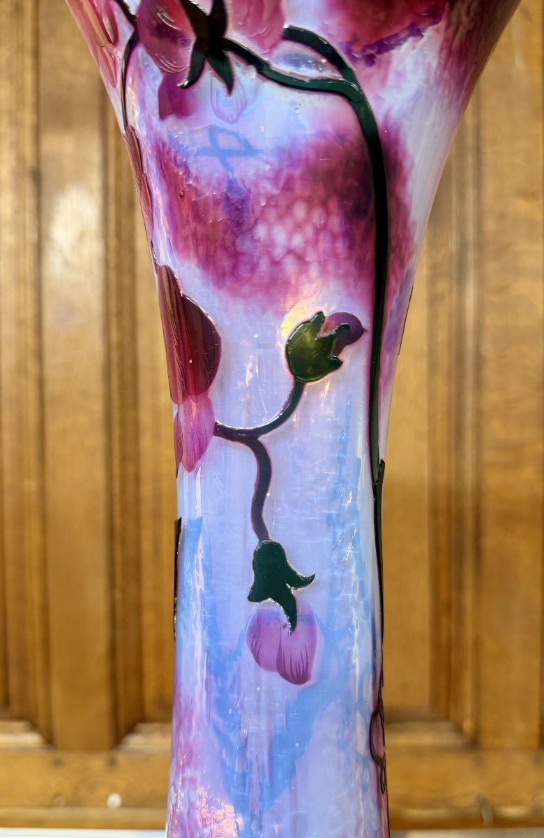 Daum Nancy - Large Hammered Vase In A Diabolo Shape With Sweet Peas. Art Nouveau-photo-6