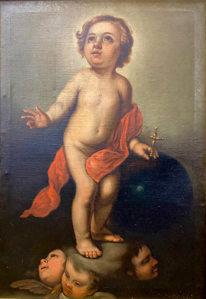 Ecole Espagnol Du XVIIIème Siècle, Enfant Jésus en Salvador Mundi, Huile Sur Toile, suiveur de Murillo-photo-2