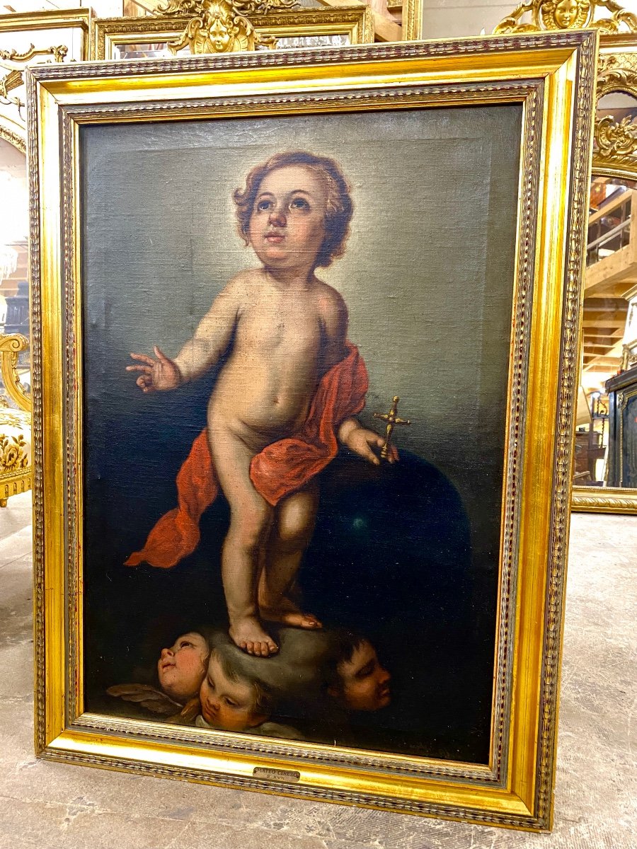 Ecole Espagnol Du XVIIIème Siècle, Enfant Jésus en Salvador Mundi, Huile Sur Toile, suiveur de Murillo-photo-2