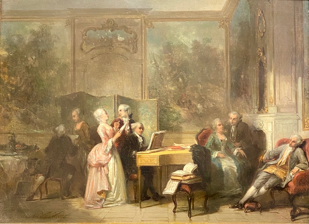 Herman Frederick Carel Ten Kate - Le Salon De Musique, Huile Sur Panneau Signé-photo-3