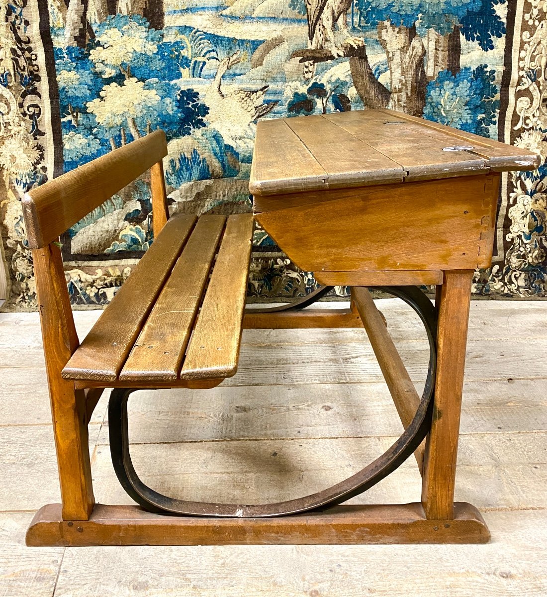 School Desk From The 1920s, Oak And Wrought Iron-photo-2