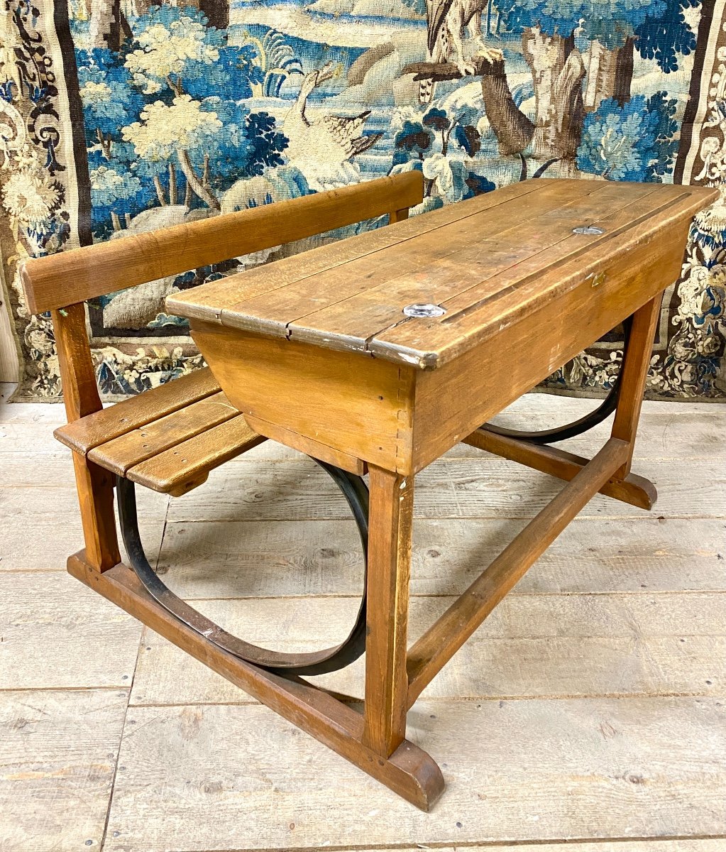 School Desk From The 1920s, Oak And Wrought Iron