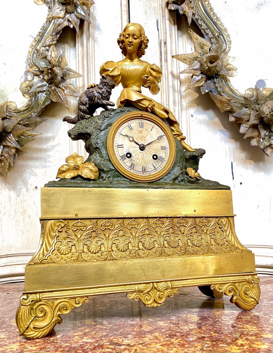 Pendulum With The Girl And The Cat In Gilt Bronze, Louis Philippe Period, XIXth Century-photo-3