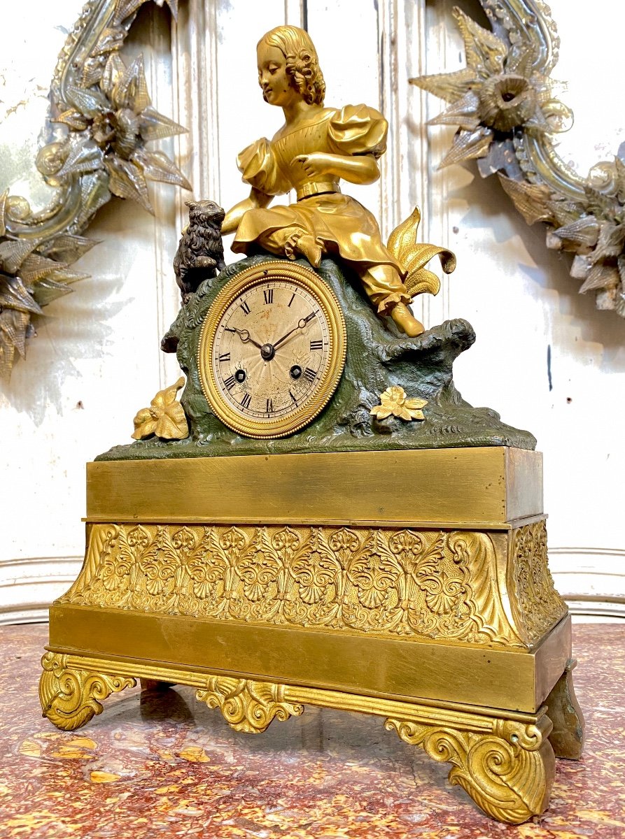 Pendule à La Fillette Et Au Chat En Bronze Doré, Epoque Louis Philippe, XIXème Siècle-photo-5