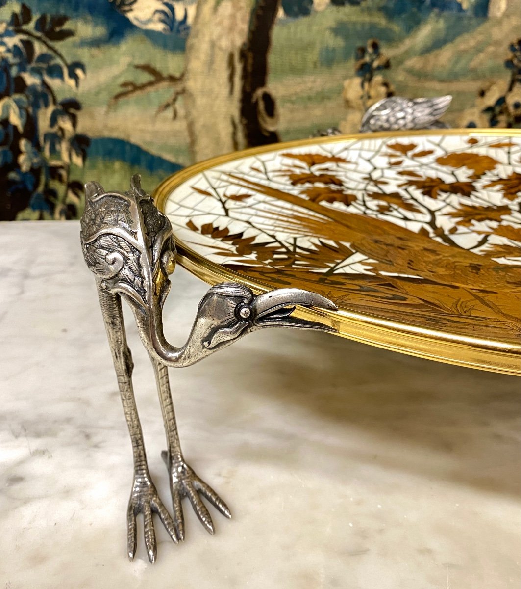 Alphonse Giroux And Duvinage, Large Japanese Bowl With Storks In Marquetry And Cloisonne-photo-7