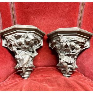 Frédéric Deschamps - Pair Of Pewter Wall Sconces Or Pedestals, Circa 1900, Neo-gothic