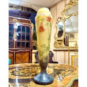 Daum Nancy - Important Ancolies Vase 53 Cm Art Nouveau Period, Glass Paste