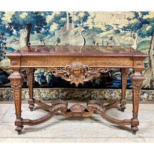 Important Louis XIV Style Console In Carved Walnut, Napoleon III Period