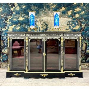 Large Sideboard Or Low Library In Boulle Marquetry, Blackened Wood, Napoleon III Period