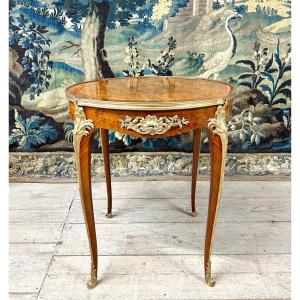 Pedestal Table In Marquetry And Gilded Bronzes, Louis XV Style, Napoleon III Period