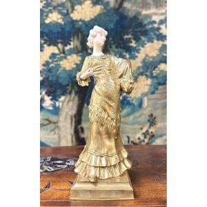 Chryselephantine Sculpture Representing A Dancer, Gilt Bronze. Art Nouveau Period
