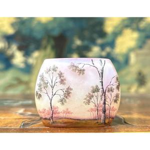 Daum Nancy - Miniature Vase With Forest Decor, Undergrowth Landscape. Art Nouveau Glass Paste