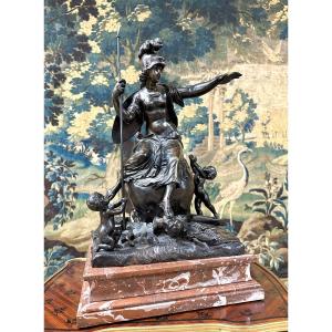 Bronze “the Triumph Of Minerva”, Old Cast Iron With Brown Patina In The Antique Taste. 19th Century