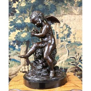 Charles Gabriel Lemir - Cupid Or Love Bending His Bow, Bronze Statue With Brown Patina