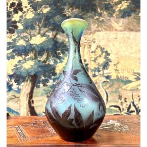 émile Gallé - Large Bulb Vase (36 Cm) With Vine Decor, Art Nouveau Glass Paste