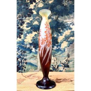 émile Gallé - Large Vase With Orange And Red Crocosmia, Art Nouveau Glass Paste