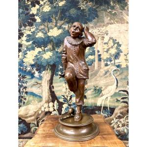 Paul Dubois - Sculpteur En Bronze D’un Clown Ou Bouffon, Patine Brune, époque Napoléon III