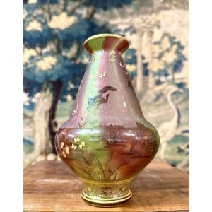 Daum Nancy - Rare Vase With Herons Or Cranes, Reeds And Water Lilies, Art Nouveau Glass Paste