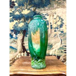 Daum Nancy - Molded Blown Vase Decorated With Trees In Front Of A Landscape, Art Nouveau Glass Paste