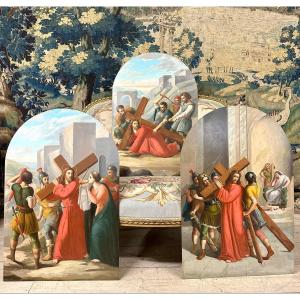 Suite De Trois Huile Sur Cuivre, Tableaux Religieux Représentant Jesus Christ. XIXème Siecle 