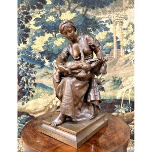 Pierre Louis Detrier - Woman With Child, Bronze With Brown Patina, 19th Century Cast Iron, Salon Of 1881