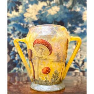 Daum Nancy - Rare Vase With Mushroom Decor In Enameled Glass, Art Nouveau Glass Paste  