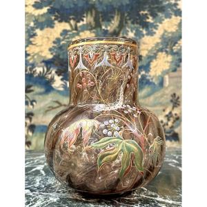 émile Gallé - Rare Vase émaillé à Décor D’une Chenille. Cristallerie D’époque Art Nouveau