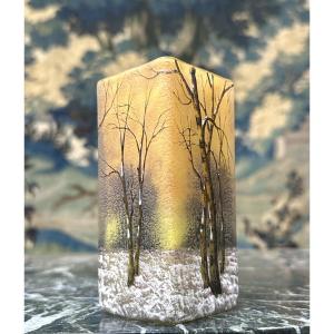 Daum Nancy - Vase à Décor Forêt Sous La Neige, De Forme Carré. Pate De Verre Art Nouveau