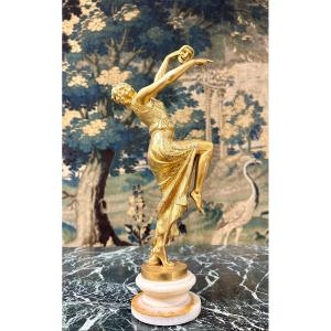 Joe Descomps - Danseuse Au Masque De 45 Cm, Sujet En Bronze Doré Art Déco, Vers 1920