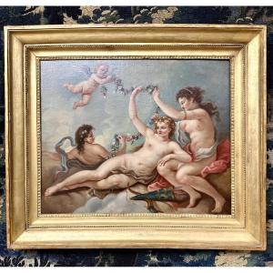 18th Century French School, Nymph And Putti. Oil On Canvas, Louis XV Period