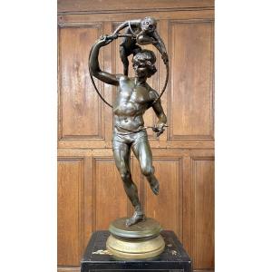François Laurent Rolard - "Monnaie de singe", grand bronze d'homme de cirque au singe. XIXème