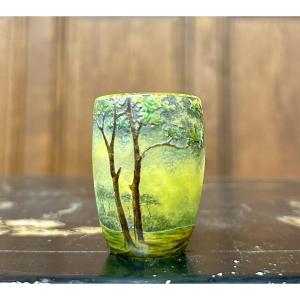 Daum Nancy - Miniature Vase With Forest Landscape Decoration. Art Nouveau Period
