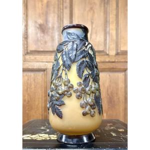 Emile Gallé - Blown-molded Vase With Blue Cherries, Art Nouveau Glass Paste