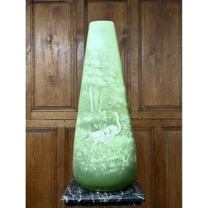 Delphin Massier - Large Earthenware Vase With Japanese-style Decoration Of Landscapes And Herons, Art Nouveau