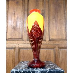 Charles Schneider For Le Verre Français, Charder, Art Deco Period Tobacco Leaf Vase