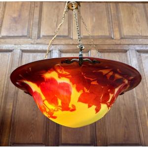 Emile Gallé - grand Plafonnier ou vasque à Décor de magnolias, lustre époque Art Nouveau 