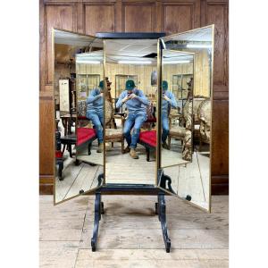 Brot Mirror, Triptych Mirror In Blackened Wood And Brass, Art Deco Period