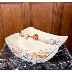 Faïence Émile Gallé, jardinière à double compartiments à décor de papillons. Art Nouveau