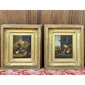 Paire de tableaux huile sur panneau XIXème siècle représentant des poules a la ferme. 